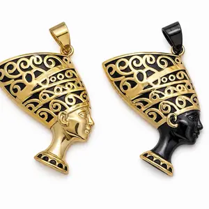 Maite Jewelry                                               Nefertiti Pendant                                          Elegant Gold and Black Design with Intricate Swirls and Unique Shape