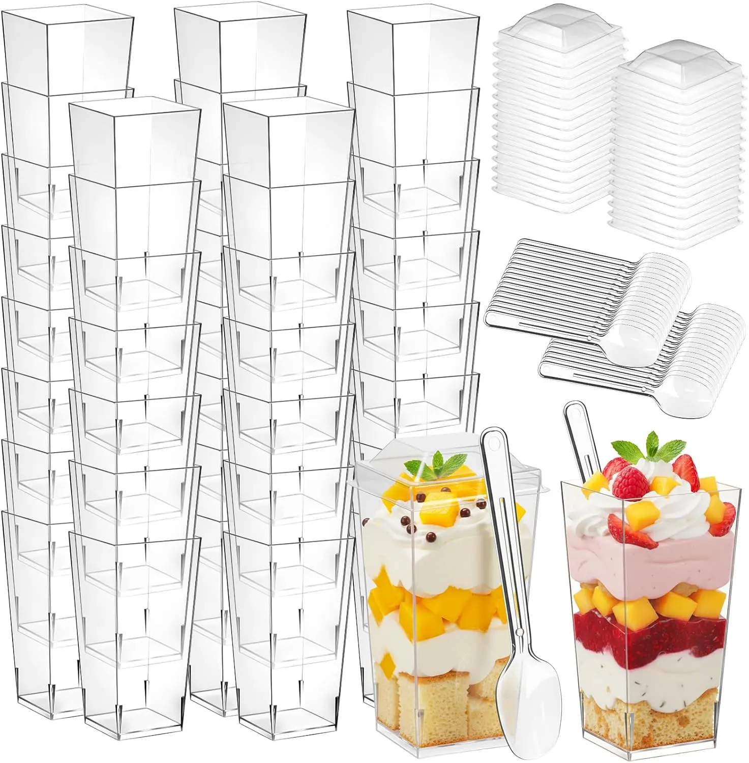 50 Pack 3 oz Mini Dessert Cups with Lids and Spoons, Clear Plastic Parfait Cups, Reusable Appetizer Serving Bowls for Party, Wedding, Birthday, Catering, Pudding, Mousse, Ice Cream, Fruit, Cake