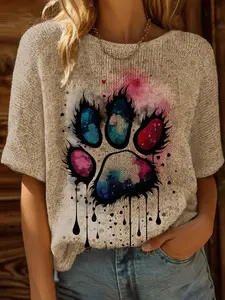 Spring Summer Knit Top, One Shoulder Straps, Colorblock Cartoon Print Short Sleeve Fitted, Casual Elegant Commute Wear, Bohemian Beach Vacation Style