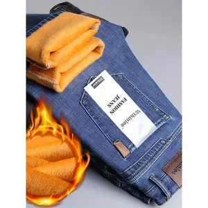 Men'S Warm Fleece-Lined Thick Jeans for Fall and Winter - Casual Straight Leg Denim, Stretch Cotton Blend, Ideal for Work & Leisure