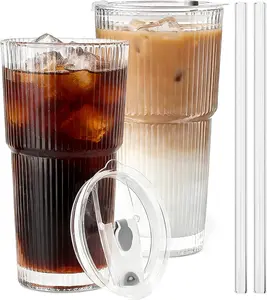 19oz Thickened Ribbed Glass Tumbler with Lid and Straw | Iced Coffee Cup for Smoothies, Cocktails, Juices & More