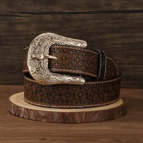 Western Cowboy Style Ethnic Pattern Pu Buckle Belt, Belt with buckle, Vintage Style Bull Head Design Belt for Women & Men, Fashion Accessories for Party, Daily Clothing Decor, Vintage Waist Accessory