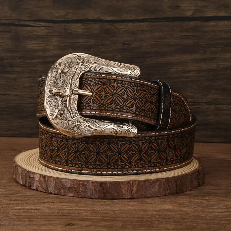 Western Cowboy Style Ethnic Pattern Pu Buckle Belt, Belt with buckle, Vintage Style Bull Head Design Belt for Women & Men, Fashion Accessories for Party, Daily Clothing Decor, Vintage Waist Accessory