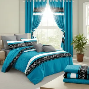 [Mother's Day Sale] | 9-Piece Boho Bedspread Set | Navy & Black Floral Print | Includes 2 print + 4 solid curtains + 2 pillowcases | All-season bamboo microfiber | Ultra soft, breathable & machine washable | Queen/King/Cal King