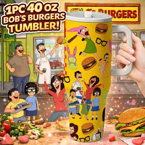 AuraCup 1pc 40oz Insulated Tumbler with Handle and Lid, Insulated Travel Drinkware, Cartoon Burger Family Design Stainless Steel Travel Mug, Double Wall Vacuum Tumbler for Hot Cold Drinks, Large Capacity Gift for Cartoon Lovers and Kitchen Dec