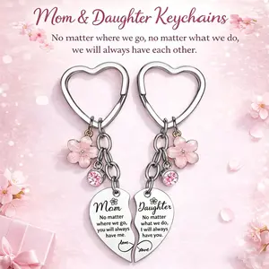 2PCS Mother Daughter Heart Matching Keyring Keychain Set Mother's Day Gift for Mon Gifts for Daughter Pink Flowers Stainless Steel Engraved Keychain for Women Home Decor Anniversary Gift
