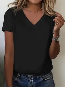 Women's Solid V Neck Tee, Basic Tee, Casual Soft Comfortable Short Sleeve T-shirt for Daily Wear, Ladies Clothes for All Seasons, Minimalist Top, Womenswear