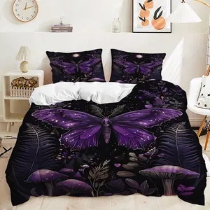 2/3Pcs Magical Purple Butterfly Duvet Cover Set, Enchanted Forest Bedding Set, Soft and Dreamy Decorative Design with Iridescent Details, Perfect for Mystical Bedroom Decor and Nighttime Vibes.Includes 1 or 2 Pillowcase - No filling/Zipper Closure