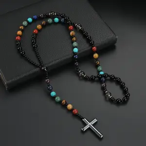 Fashionable Colorful Natural Stone Cross Rosary Necklace