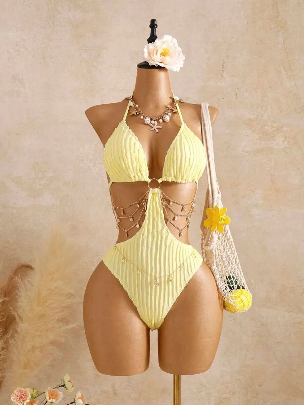 Bellisia Women's Lemon Yellow Crinkle One-Piece Swimsuit | Cut-Out Halter Monokini with Draped Shell & Pearl Waist Chains | Textured Beach Bathing Suit