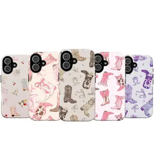 Coquette Western Bow Boots Pink Cowgirl Vintage Floral Ribbon Design Y2K Style Art Trendy Tough Phone Case. Sweet Girly Aesthetic Heavy Duty Shockproof Protective Smartphone Cover for iPhone 17 Pro Max 16 Air 15 14 13 12 11.