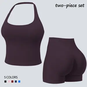 Jetjoy Sets for Women 2 Piece, Workout Sets for Women 2 Piece Gym Outfits Seamless Longline Halter Backless Crop Top Scrunch Bum Shorts athleisure Fitness & Casual Wear Yoga Outfits Gym Tracksuit summeroutfit