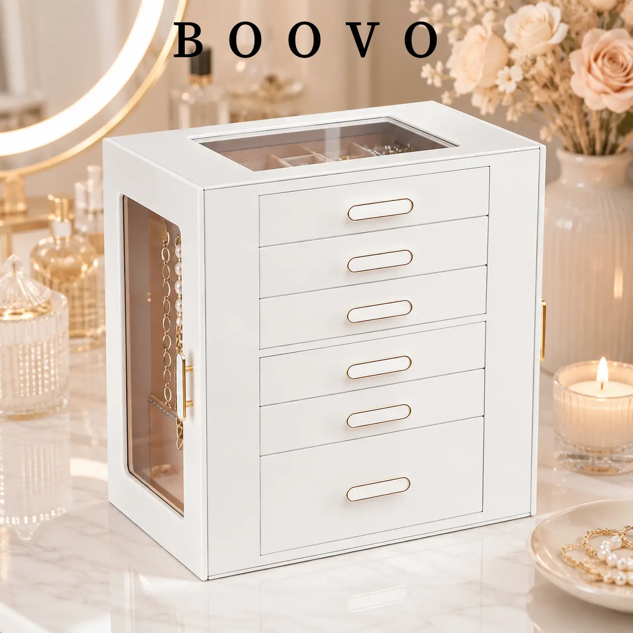BOOVO Modern 6-Layer Rectangular Jewelry Cabinet Organiser - Large Glass Lid, Double-Side Doors, Antitarnish Dustproof, Lockable Key Lock Large-Capacity Lockable Storage Box for Women’s Bedroom, Ideal Womens Gifts,dorm essentials,home decor