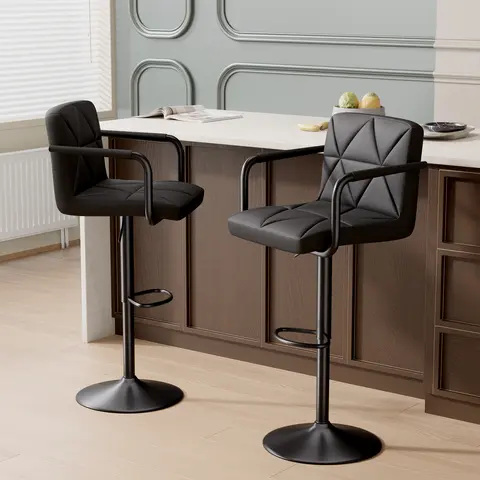 Modern Bar Stools Set of 2 Upholstered Faux Leather Barstools with Back and Arms Height Adjustable Bar Chairs Waterproof Counter Barstools for Kitchen Bar Dinning Room, Black
