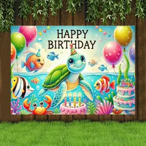1pc Multifunctional Polyester Fiber Birthday Party Decoration - Underwater Theme with Turtle, Fish, and Balloons - 82.7x59in/90.6x70.8in - Indoor/Outdoor Use