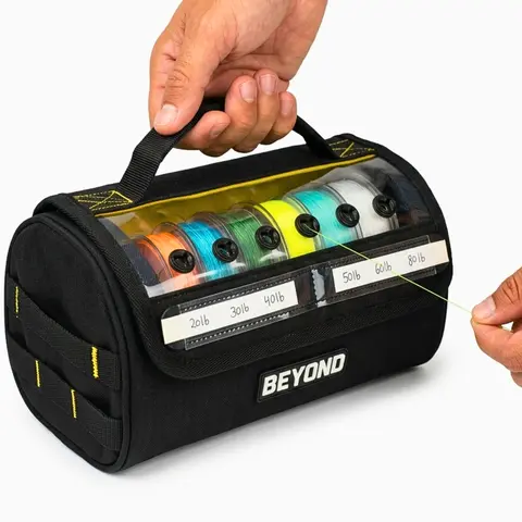 Beyond Tackle Bag for Outdoor Fishing Supplies - Fishing Line Spooler, Boat/Garage Storage, Built-In Dispenser, Writable Label Panel, Rubber Grommets, Dividers, Tangle Prevention, Water & Dirt Protection