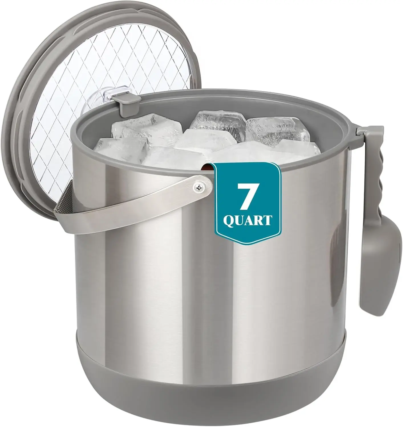 6.8L/7QT Large Insulated Ice Bucket with Lid & Scoop, Keeps Frozen Longer | Double-Wall, For Parties & Cocktail Bar, Champagne, Beer, Grey
