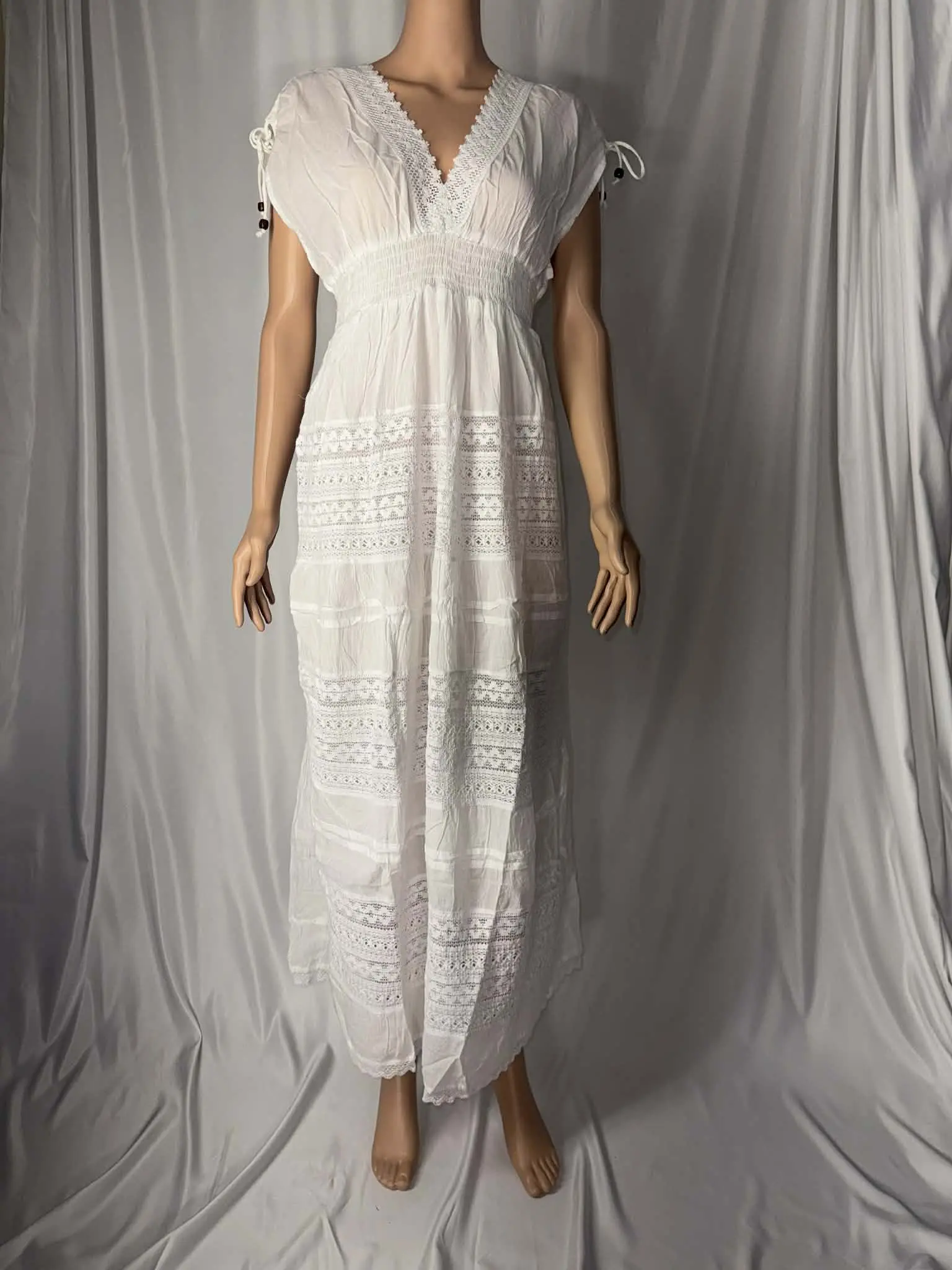 Cotton Summer Dress - White V-Neck Short Sleeve Maxi Dress with Embroidery for Women