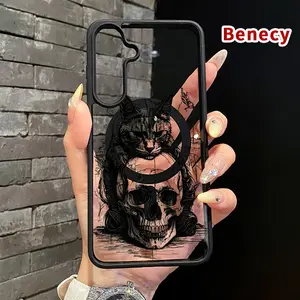 Magnetic Soft Case compatible with Samsung Galaxy S26 S23 Ultra S24 Plus FE S25 S22+ Cat and Skull Reverie Pattern Anti-Yellowing Shockproof ultra-thin Silicone Crystal Transparent Acrylic Cover Supports Wireless Charging