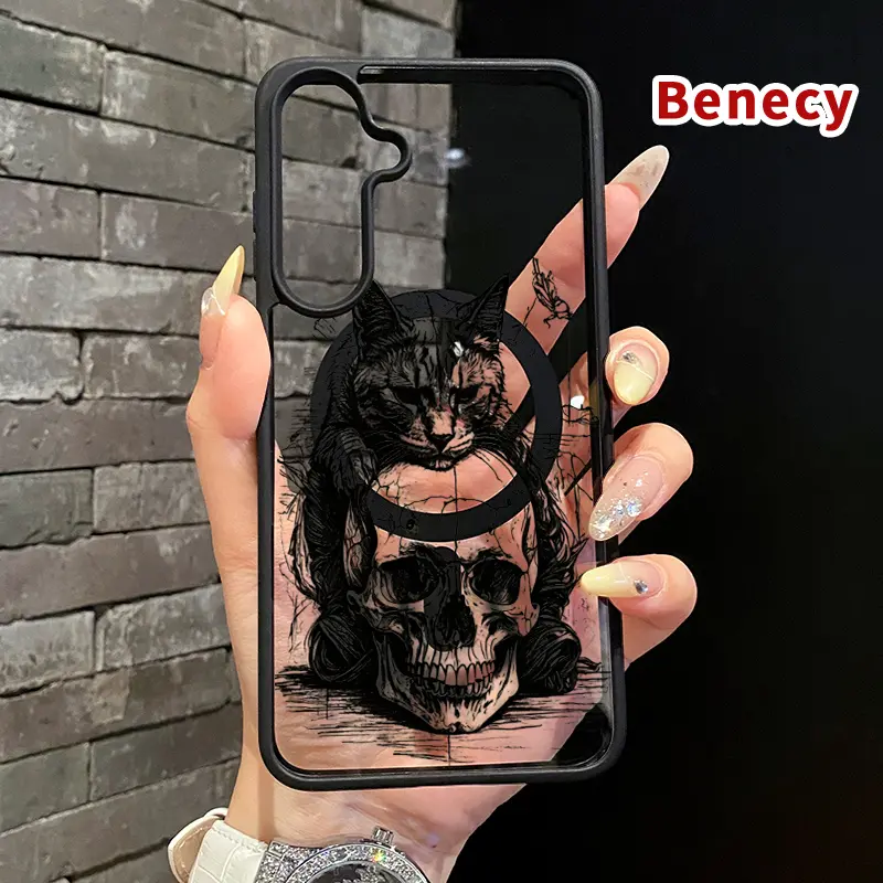 Magnetic Soft Case compatible with Samsung Galaxy S26 S23 Ultra S24 Plus FE S25 S22+ Cat and Skull Reverie Pattern Anti-Yellowing Shockproof ultra-thin Silicone Crystal Transparent Acrylic Cover Supports Wireless Charging