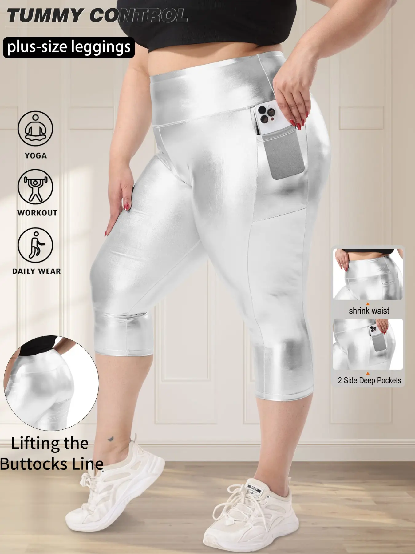 Women's Plus Size High Waist Rise Seven-Quarter Tight Pants, Trouser, Fashion Party Skinny Jeans, Side Pockets, Elastic Comfort Fit, Bottom, Womenswear