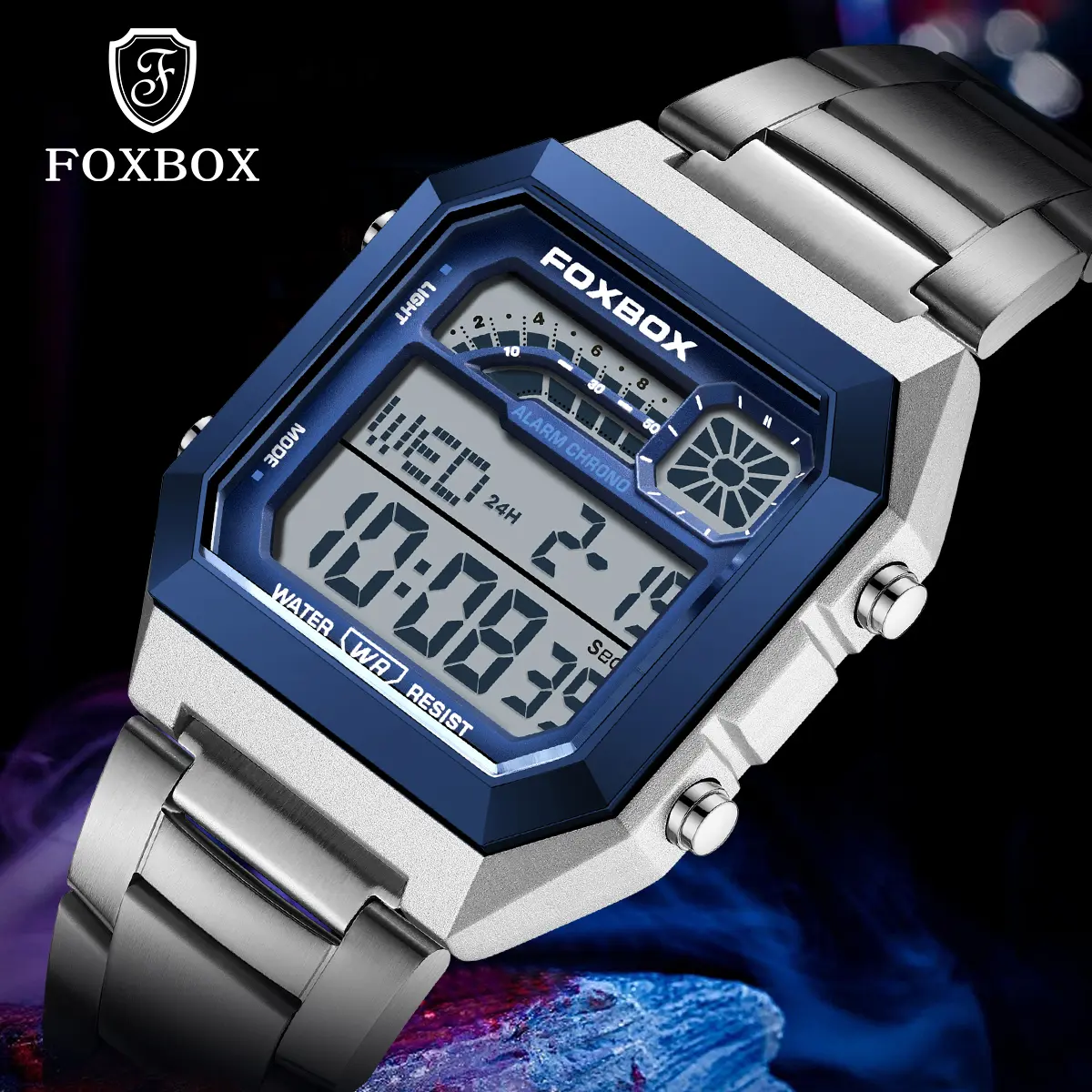 FOXBOX Men's Square Alloy Digital Wristwatch, 40mm Black Case with Backlit Screen, Water-Resistant, Time/Date Display, Mens Gifts, Men's Accessories, Father's Day Gifts, Glow‑In‑Dark Read