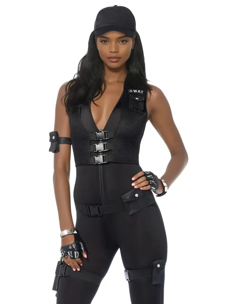 SWAT Commander Costume for Women, 7-Piece Sexy Spandex Jumpsuit with Corset Back for Halloween Roleplay