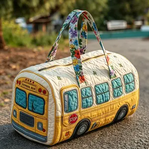 Bohemian quilted weekend travel bag — gym bag, tote, featuring a hip-hop trend school bus design; can also be given as a graduation gift.
