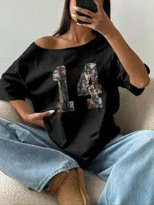 Women's Camo Print Off Shoulder Tee, Casual Tree & Bear Print Crew Neck T-shirt for Daily Wear, Ladies Clothes for All Seasons, Top