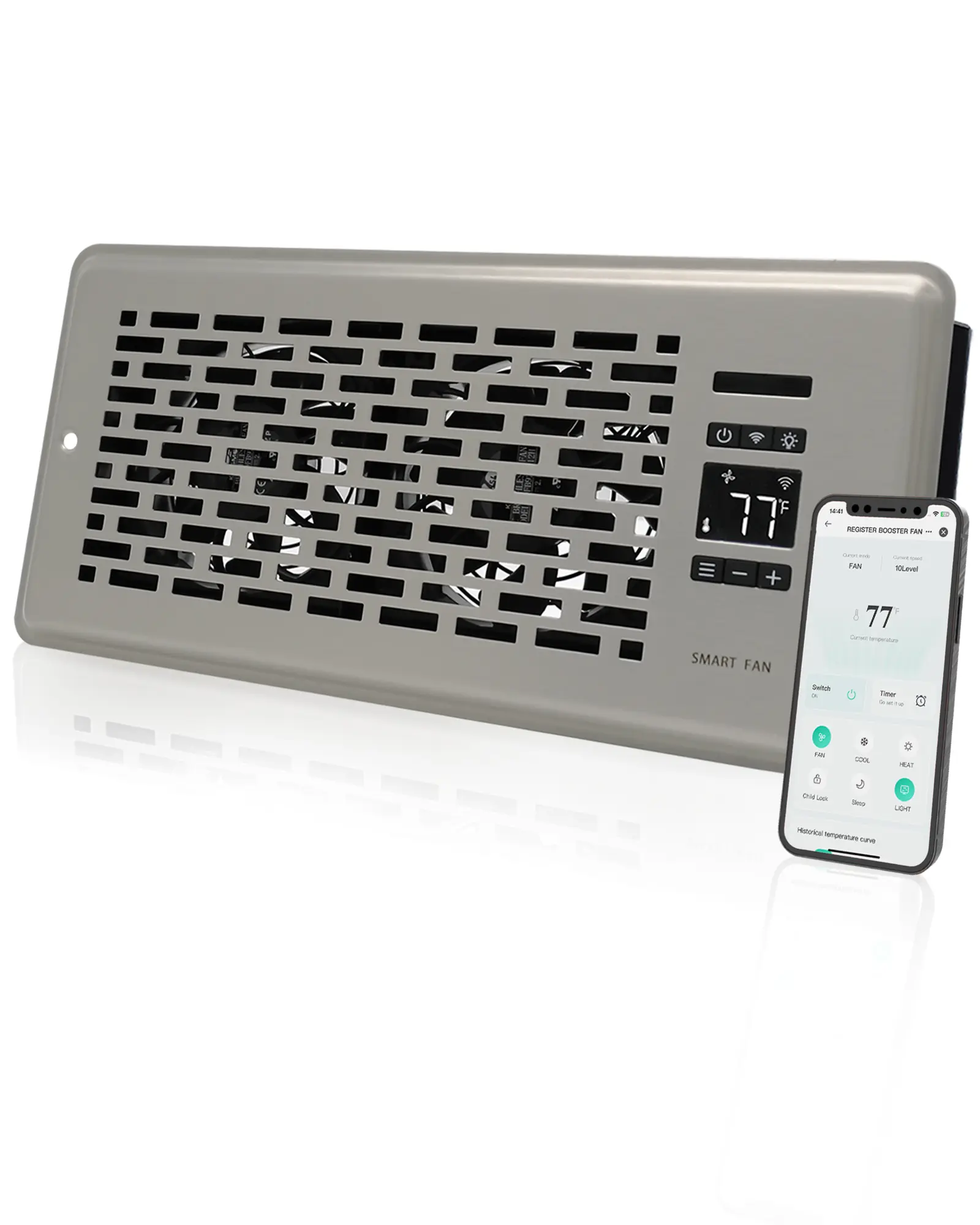 Register Booster Fan  Register Holes, Quiet Vent Fan Booster with Intelligent Thermostat, Improves Heating Cooling, App Control, 10-Speeds, Smart Register Vent Air Circulator Fan Air Circulation Fan