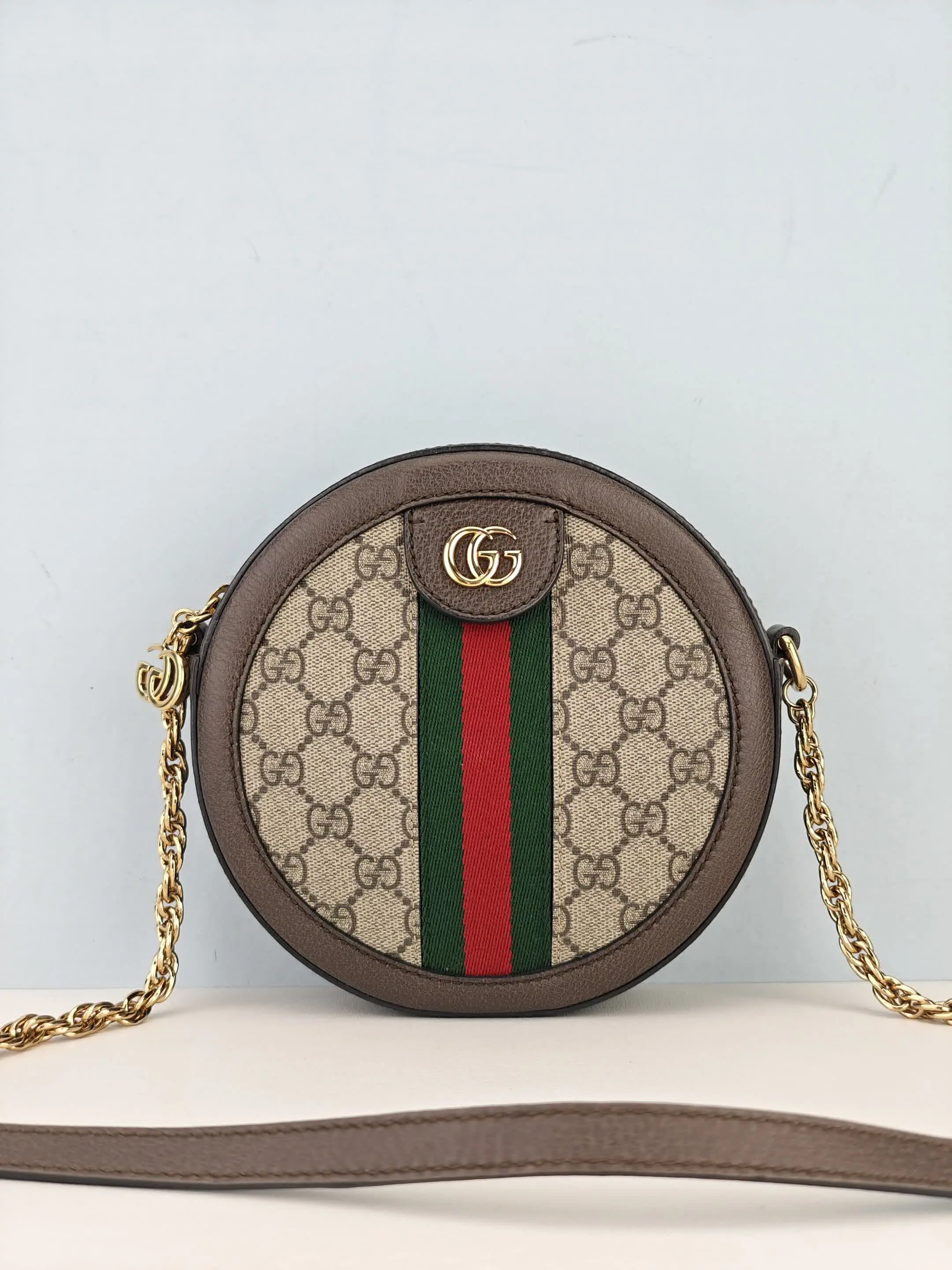 Pre-owned Beige/Ebony GG coated canvas with leather trim Crossbody Bags Gucci Beige/Ebony GG Canvas Ophidia Circle Mini Crossbody Bag【650618】
