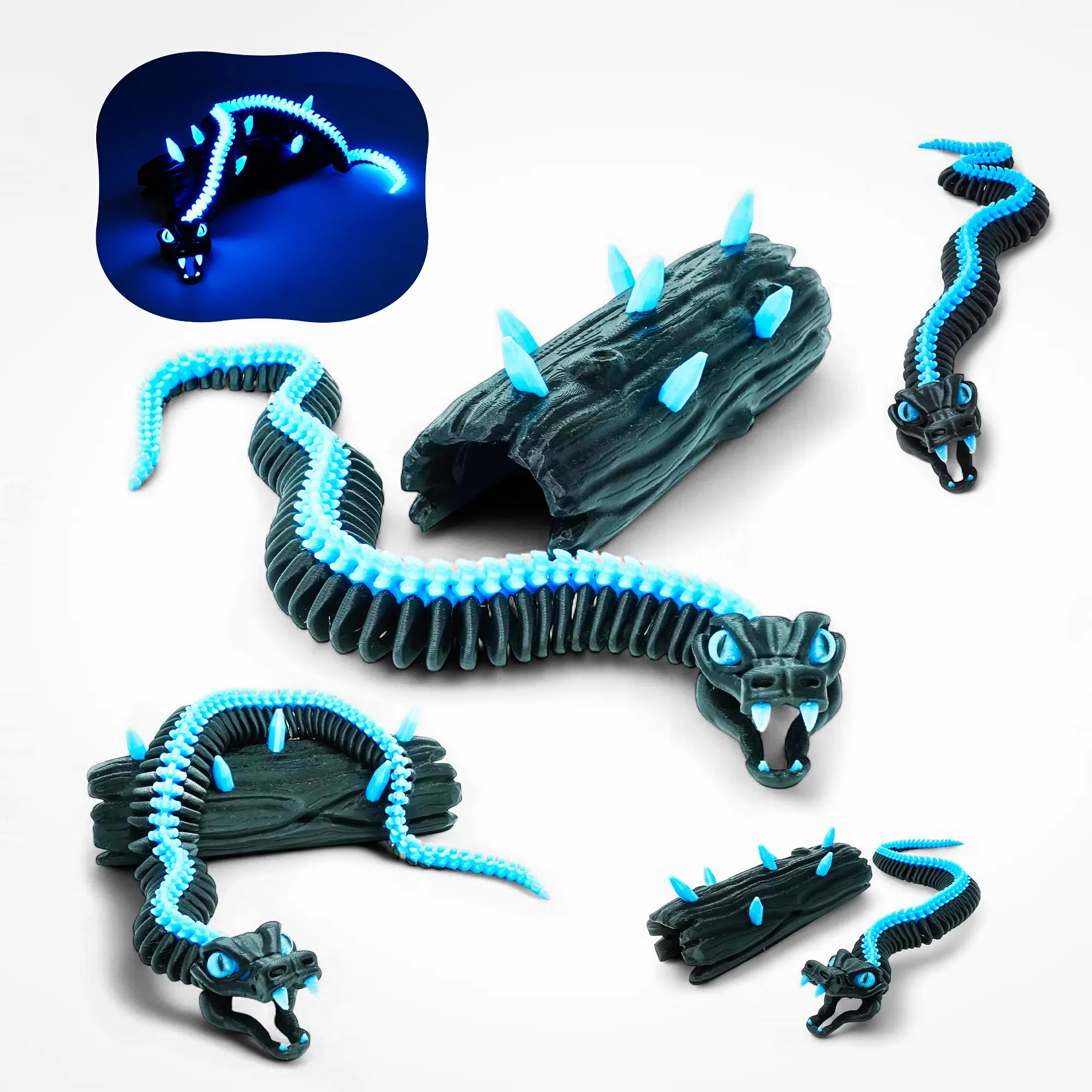 Articulated Glow in The Dark Skeleton Snake + Log – Spectral Jointed Serpent with Intense UV Blue Bones and Spiked Log, Mysterious Mythical Display for Fantasy Collectors