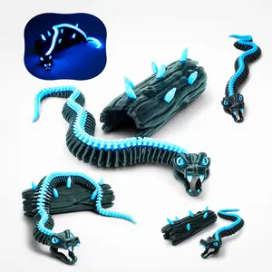 Articulated Glow in The Dark Skeleton Snake + Log – Spectral Jointed Serpent with Intense UV Blue Bones and Spiked Log, Mysterious Mythical Display for Fantasy Collectors