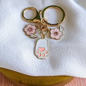 Flower Bunny Keychain, Sakura Enamel Key Charm, Cute Rabbit Loaf Accessory, Cherry Blossom Bag Charm, Paw & Wings Keychain, Gold Key Ring cute keychain