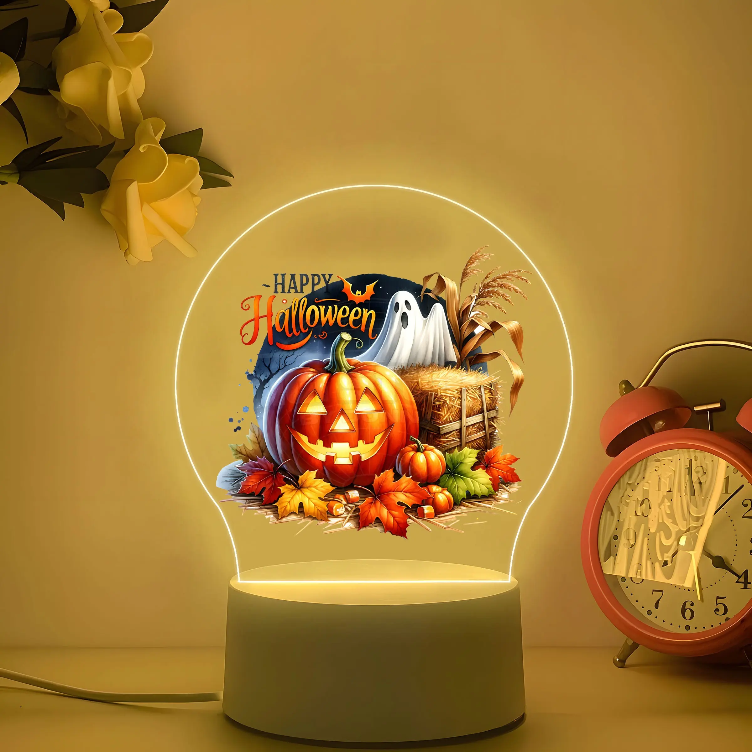 Giant Smiling Pumpkin Night Light, Soft Ghosts, Hay Bales, Autumn Leaves, Happy Halloween, Warm Glow, Acrylic Decor, Bedroom Ornament, Gift Idea