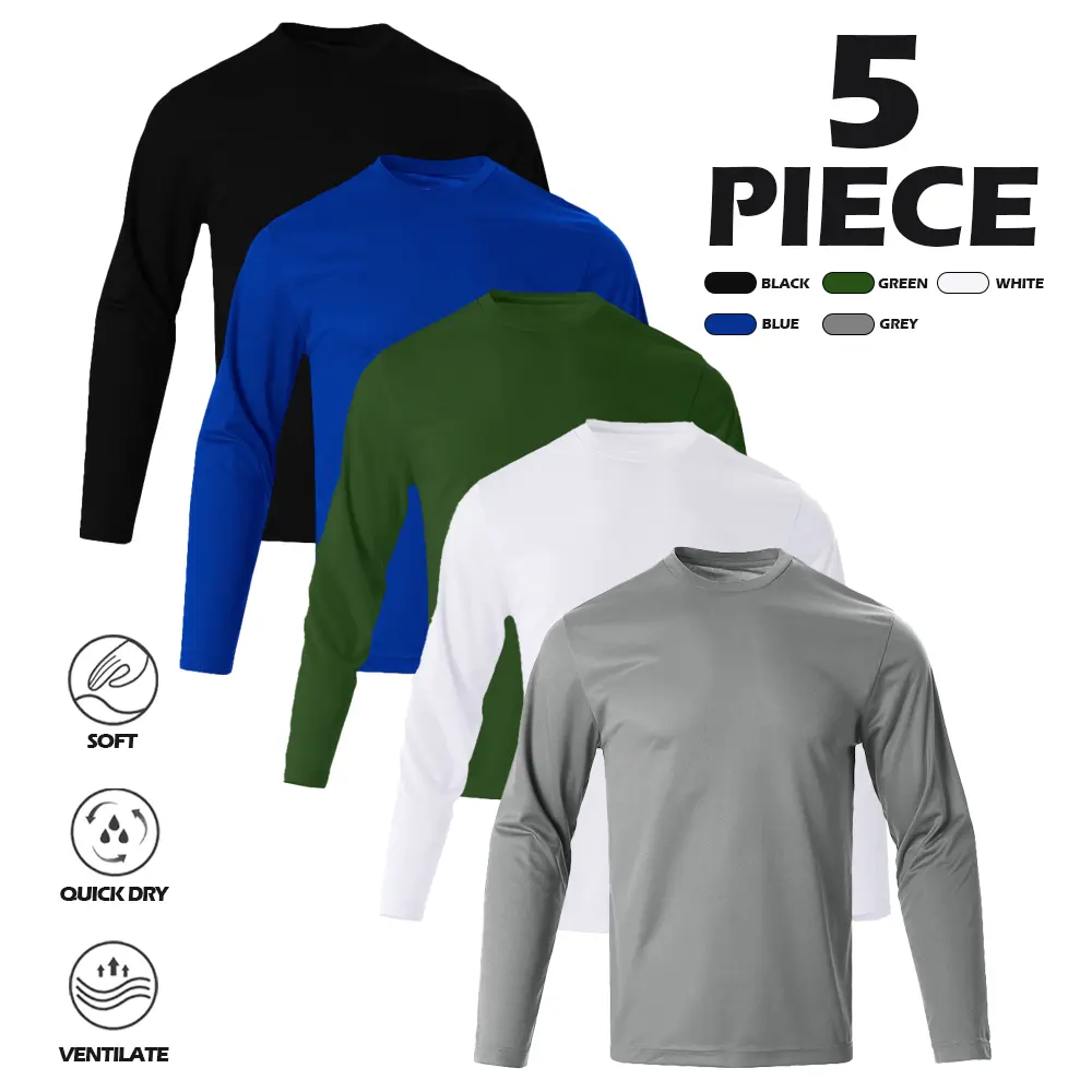 Male 5-Pack Quick-Drying Breathable Lightweight Solid-Color Slight Elasticity Sports Round Neck Long-Sleeved T-Shirts, Athletic Top for Running, Exercise, Casual Wear, Athleisure Street Fit,summerwins Fitness Apparel