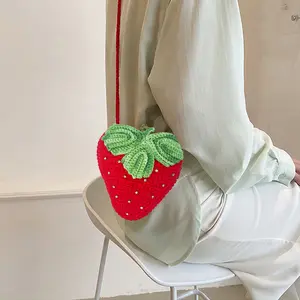 Crochet Strawberry Shaped Shoulder Bag for Women Handmade Small Purse with Creative Rhinestone Details – Lightweight Crossbody Bag for Shopping and Work