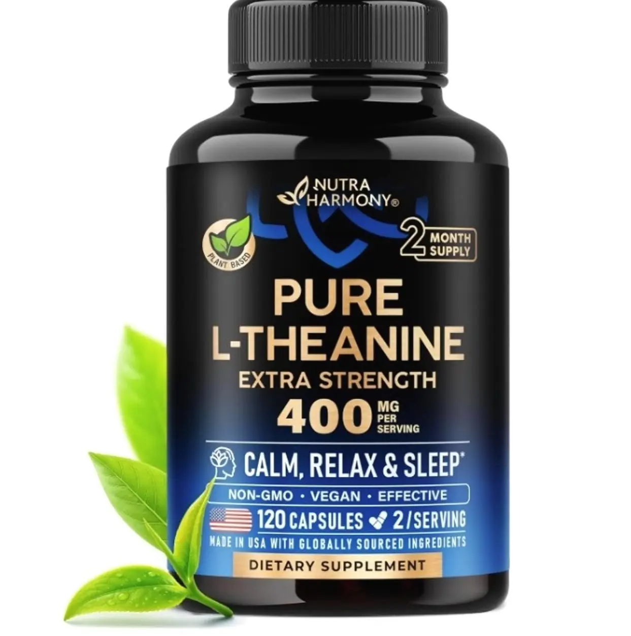 L Theanine 400 mg | L-Theanine Stress Relief | Extra Strength Supplement | Lab Tested | Relaxation, Sleep & Calm Support | For Men & Women | Plant Based, Non-GMO & Gluten-Free | 120 Vegan Capsules