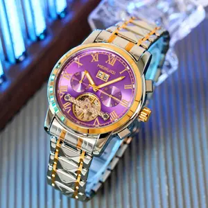 1 Piece Men's Elegant Gold Steel Strap Mechanical Watch, Purple Dial, Roman Numerals and Date Display - Automatic Winding, Multifunctional Calendar, Time and More, Date Display Watch | Elegant Fashion Watch | Durable watch strap, no battery required