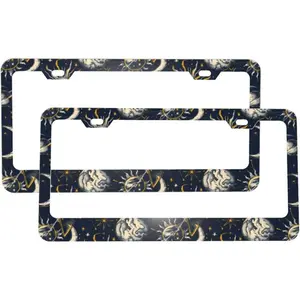Sun, Moon, Stars, Galaxy Matte Aluminum License Plate Frame with Black Screw Caps, 2 pcs 2 Holes Black Licenses Plates Frames, Car Licenses Plate Covers Holders for Us Vehicles/Women/Men, Car Accessories