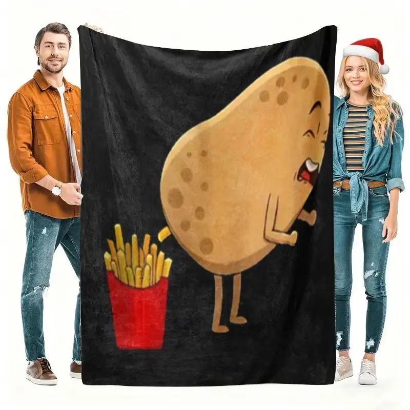 Cartoon Potato with French Fries Pattern Flannel Blanket - Soft Warm, Lightweight All-Season Fleece Throw for Home, Bed, Camping - Fun Gift for Food Lovers