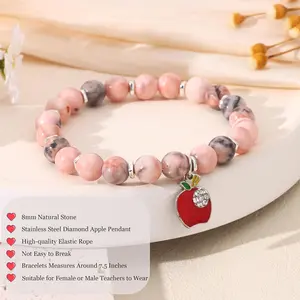 8Pcs Teacher Appreciation Gifts for Women Men 8mm Natural Stone Bracelets with Red Apple Pendant Hypoallergenic Elastic Rope Jewelry Set Bangle Charms