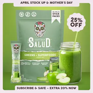 Salud 2-in-1 [Greens + Superfoods – Green Apple] Daily Greens Drink Mix,Agua Fresca,  Gut Health & Bloating Support, Probiotics & Prebiotics, Vegan, Non-GMO, Easy-to-Drink Greens Powder (15 Servings)