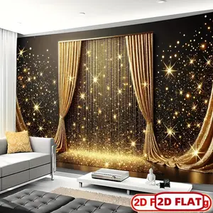 1pc 2D Flat Luxurious Golden Shimmering Curtain Backdrop Banner - Vibrant Polyester Party with Starry Night Design for Photo Booths, Classroom & Office Wall Decor, Birthdays, Celebrations & Festiv