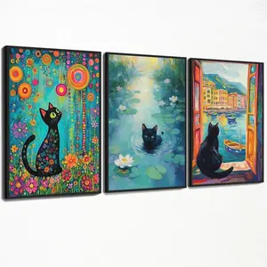 3pcs/set Unframed Claude Monet Artworks Interesting Cute Black Cat Lotus Pond Poster Canvas Paintings for Living Room Home Decor