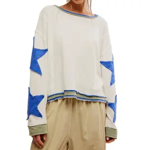 Casual Loose Sweatshirt for Women with Star Pattern, Round Neck, Y2K Long Sleeve, Vintage Striped Jacket, Sweater, Pullover Shirt Can be used with raincoat