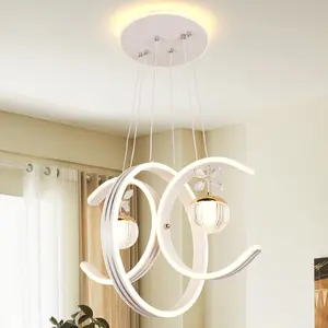 Modern LED Chandelier for Dining Room, 20.9 Inch White Double C Pendant Light with Crystal Globe Accents, 3 Color Hanging Ceiling Light for Kitchen Island Bedroom