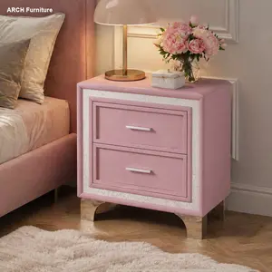 ARCH Mid Century Vintage Nightstand with Silver Glitter Strip Decor and Metal Legs, Velvet Bedside Table with 2 Drawers, Fully Assembled Except Legs and Handles, Pink