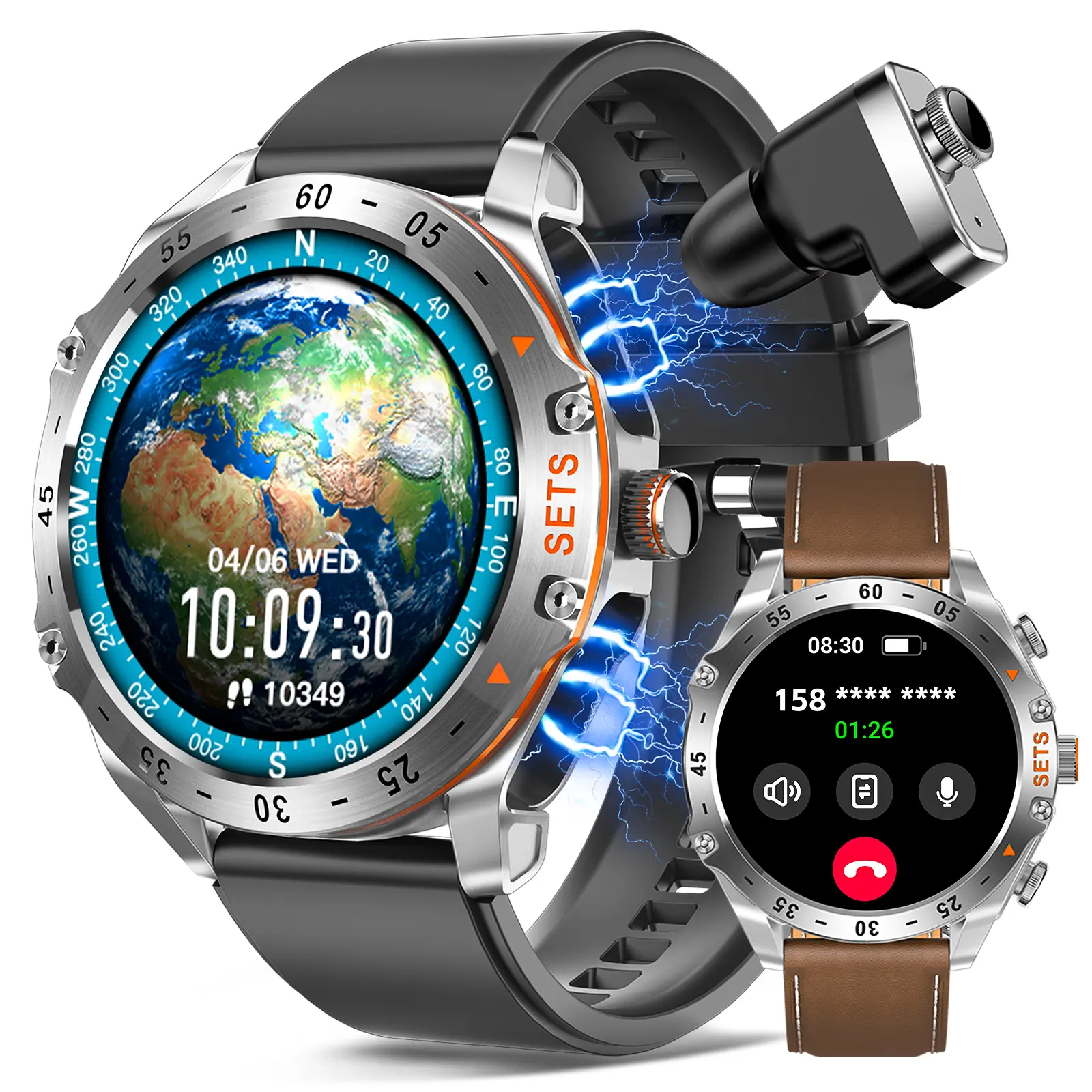 2-in-1 Smart Watch with Earbuds for Men (Answer/Make Calls), 1.52'' HD Screen Rugged Smartwatch with Compass & 100+ Sports Modes, Durable Sports Fitness Tracker, Wireless Earbuds Smart Watch Gift for Men Android iOS