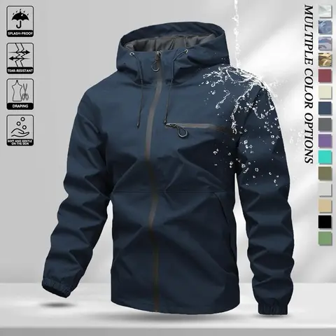 Men’s solid-color waterproof windproof hooded jacket with drawstring and zipper, casual long sleeves with zippered pockets, outdoor activity outerwear, men’s all-season clothing